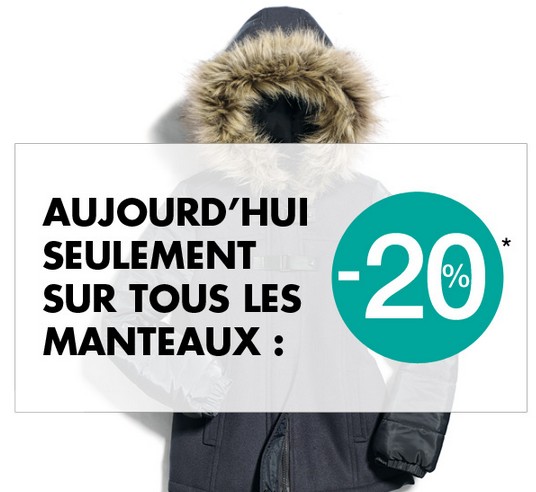 20% de remise sur tous les manteaux sur Kiabi / cumulable avec promo (uniquement jusqu’à minuit)