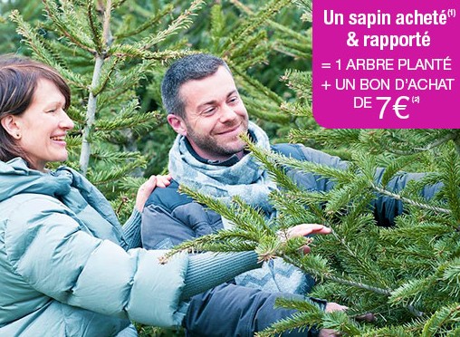 1 sapin de Noël 2014 acheté chez Truffaut = 7 euros en bon d’achat + 1 arbre planté