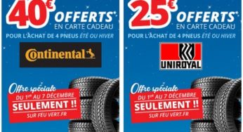 Bon plan Pneu ! De 25 à 40 euros offerts sur l’achat de pneus Continental, Uniroyal ou feu Vert