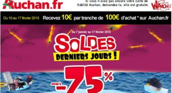 10€ par tranche de 100€ pendant les derniers jours des soldes Auchan (jusqu’à 30€ en bons d’achat)