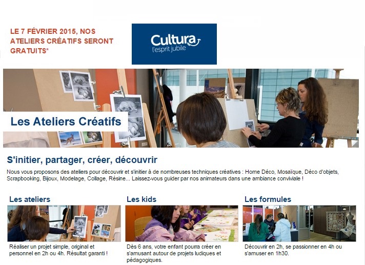 Ateliers Créatifs Cultura gratuits le 7 février (magasins Cultura de France)