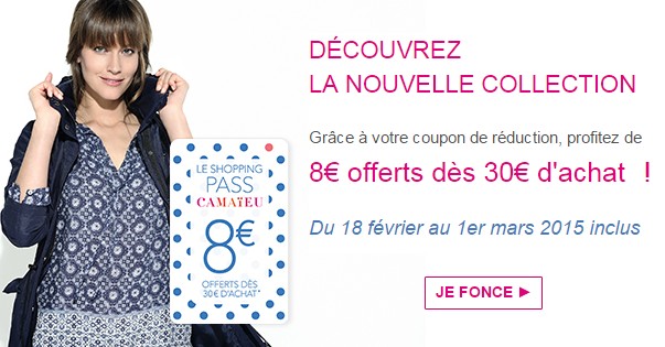 nouvelle collection Camaieu code promo 8 euros