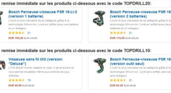 Perceuses sans fils Bosch : 10 euros / 20 euros de remise immédiate
