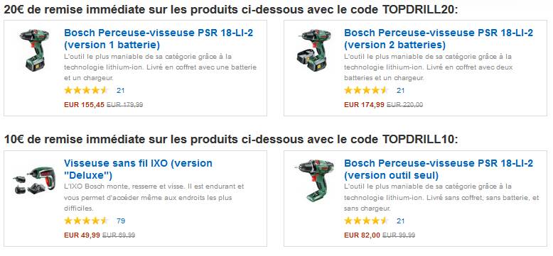 Perceuses sans fils Bosch : 10 euros / 20 euros de remise immédiate