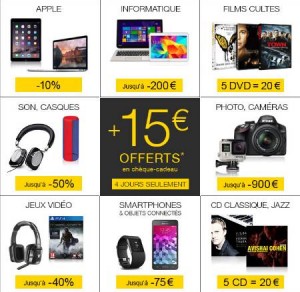 Super week-end FNAC 15 euros offerts