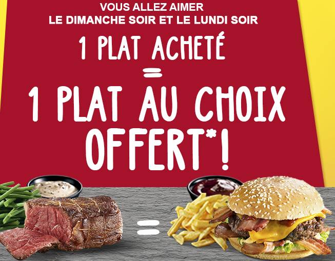 1 plat acheté = 1 plat gratuit chez Hippopotamus le dimanche et lundi soir