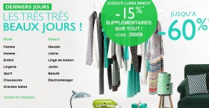 Pour le week-end La Redoute aussi propose une offre spéciale avec une remise en plus sur son opération « les très très beaux jours » En effet jusqu’à lundi vous allez pouvoir profiter de 15% de rabais supplémentaires sur tous les articles déjà remisés, dont certain jusqu’à moins 60%. Autant dire que quelques bonnes affaires vous attendent et que vous allez pouvoir acheter de la mode (vêtements, chaussures, sacs..), des articles pour la maison, du petit électro, des articles de jardinage, des petits meubles et autres rangements pour pas chers…. Profitez maintenant de la remise sur les trés tres beaux jours La Redoute Pour obtenir les 15% supplémentaire sur les promotions entrez le code promo 35009 (Jusqu’à lundi 18 mai inclus) Les très très beaux jours La Redoute Mode & Maison à prix réduits