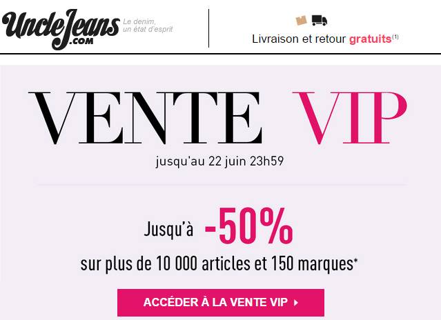 VENTE VIP de PRÉ-SOLDES UNCLE JEANS (10 000 articles – livraison gratuite)