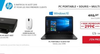 Moins de 300 euros le portable HP 15 pouces + Imprimante jet d’encre HP + Souris HP (ODR 100 euros)