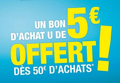 Super U, Hyper U, Marché U, U Express : 5 euros offerts en bon d’achat pour 50 euros d’achat le 1er octobre