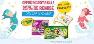 Une offre qui tombe pas trop mal avec la rentrée avec de nouveau un code promo Crayola mais cette fois ci sur Cdiscount et qui va vous permettre d’obtenir 25% de rabais sur une sélection d’article de la célèbre marque américaine. La marque Crayola est connu de tous avec ses articles d’écritures et loisirs créatifs qui depuis bien des années font le bonheur des enfants. Des produits innovants et spécialement conçu pour les enfants (et leurs parents). Cette fois ci donc Cdiscount propose l’offre qui habituellement visible chez Amazon, c’est-à-dire une remise immédiates de 25% sur une sélection d’articles Crayola et cela à partir de seulement 20 euros d’achats. Pas mal donc pour acquérir des kits de loisirs Crayola ou feutres moins chers, surtout que comme vous verez dans les articles pouvant bénéficier du code vous découvrirez des Kits attractifs. <a class="bouton-orange "full"" href="" target="_blank"> Voir les articles Crayola eligibles au code promo sur Cdiscount </a> Pour obtenir votre rabais de 25%, il vous suffit donc de faire pour 20 euros d’achats d’articles Crayola présent sur la page de l’opération (via le lien ci-dessus) et de saisir le code promo CRAYOLA25 Intéressant donc, mais attention je ne trouve nulle part la date de validité de l’offre donc ne trainez pour obtenir votre remise immédiate Crayola Avec les Crayola les feutres sont lavables, les ciseaux sont sans danger, les dessins sont faciles a faire…. tout pour que votre enfant développe sa motricité manuel. <a class="bouton-orange "full"" href="" target="_blank"> Voir les articles Crayola eligibles au code promo sur Cdiscount </a>