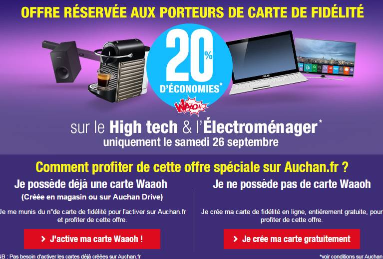 Bon plan High-tech / Electroménager : 20% de votre achat re-crédités sur la carte Auchan (samedi uniquement)