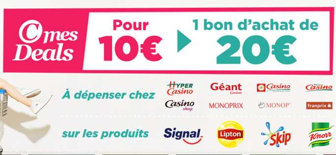 10 euro le bon d’achat de 20 euros valable chez Géant, Casino, Monoprix, Franprix
