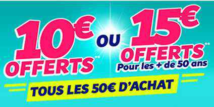 15 euros par tranche de 50 euros sur Cdiscount (pour les +de 50 ans ou 10 euros tous les 50 euros) !