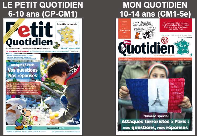 Hors-séries gratuits Spécial attentats 13 novembre à Paris du Petit Quotidien (6-10 ans) et Le Quotidien (10-14 ans)