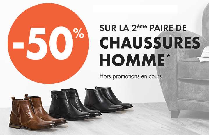 Gémo chaussures hommes : 1 paire achetée = la seconde à -50%