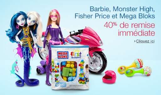 Offre Mattel : remise immédiate de 40% sur Barbie, Fisher Price, Monster High et Mega Bloks