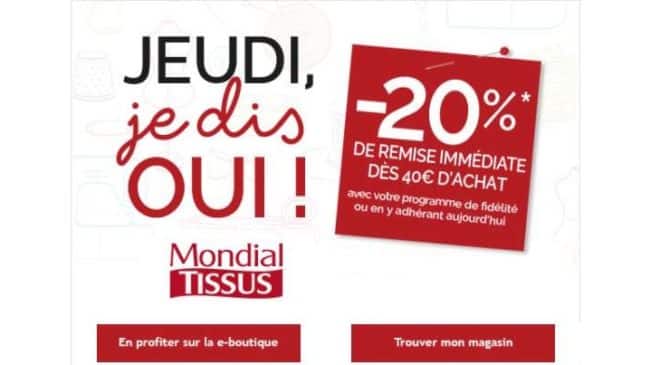 Remise immédiate de 20% Mondial Tissus