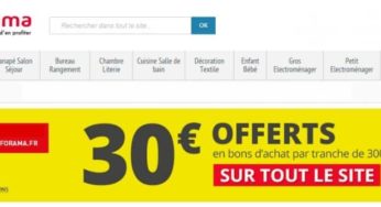 Jusqu’à lundi 30€ offert par tranche de 300€ d’achat sur Conforama