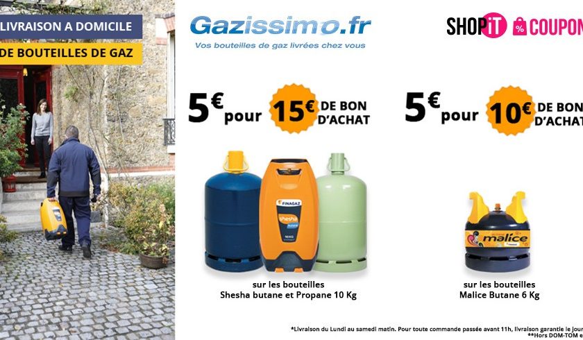 Bon d'achat Gazissimo (livraison de bouteilles de gaz) : 5€ le bon de 15€