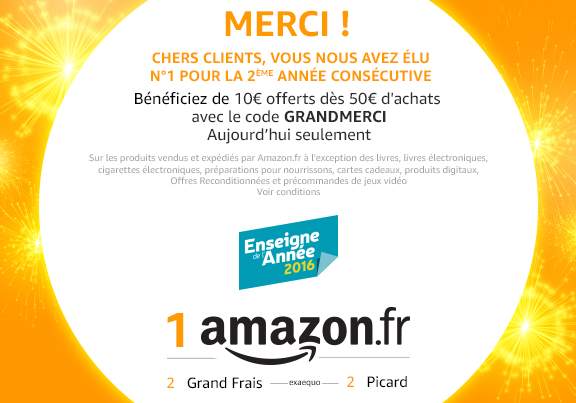 Amazon enseigne de l’année = 10€ de remise immédiate dès 50€ (pendant 24h)