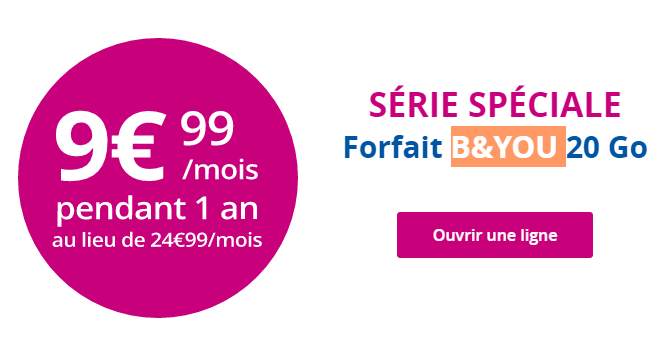 9,99€/mois le forfait 20Go B&YOU de Bouygues Telecom au lieu de 24,99€