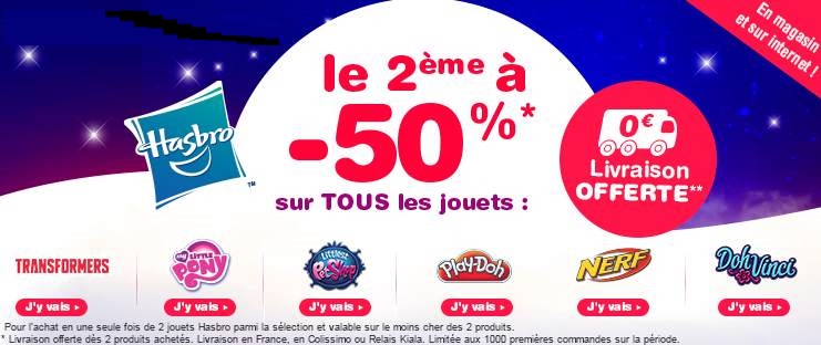 1 jouet acheté = le second à -50% + livraison gratuite (Hasbro, Nerf, Play-Doh…)