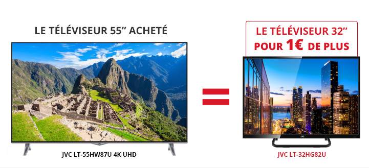 1 Smart TV 4K JVC 139 cm achetée = 1€ la TV 81cm (soit 750€ les 2)