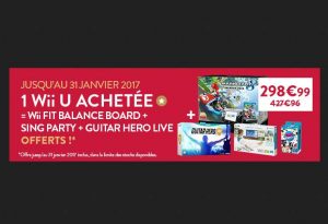 Moins de 300€ le pack Wii U Premium Mario Kart 8 + Wii Fit U avec Balance Board et Fit Meter + Sing Party avec Micro + Guitar Hero Live