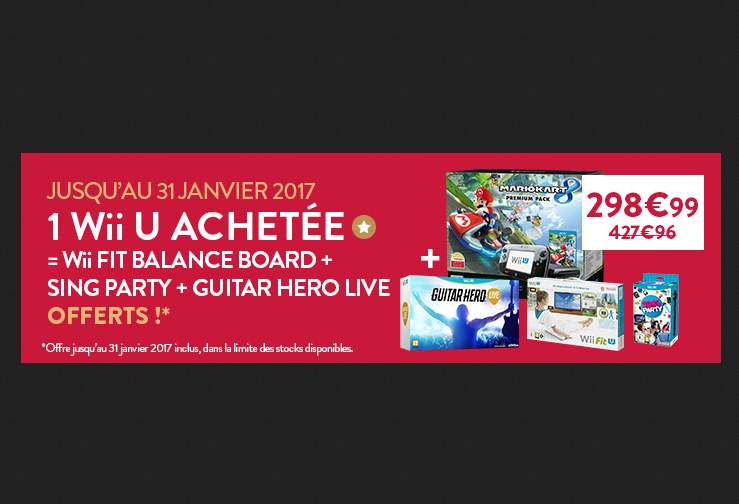 Moins de 300€ le pack Wii U Premium Mario Kart 8 + Wii Fit U avec Balance Board et Fit Meter + Sing Party avec Micro + Guitar Hero Live !