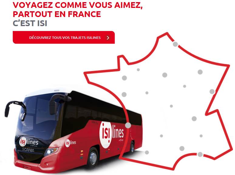 Isilines trajet en car pas cher : à partir de 5€ (Wi-fi gratuit / prise) en France