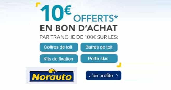 10€ tous les 100€ par Norauto sur les coffres de toit, attelage, barres de toit, porte-ski