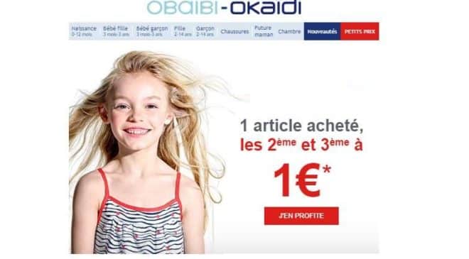 Okaïdi 1 article acheté le 2ème et 3ème à 1 euro