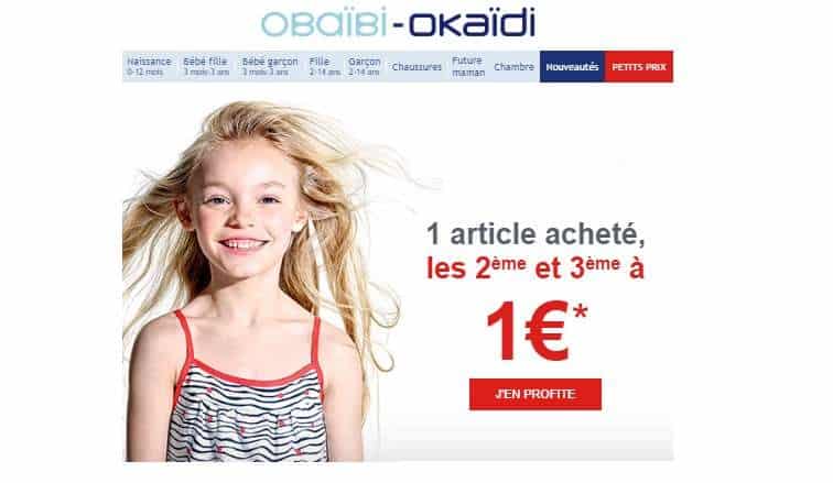 Okaïdi 1 article acheté le 2ème et 3ème à 1 euro