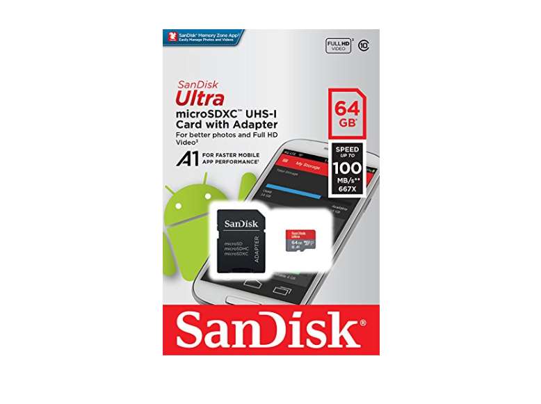 moins de 18 euros la carte micro SDXC 64 Go SanDisk Ultra Android 100 Mo/s + adaptateur