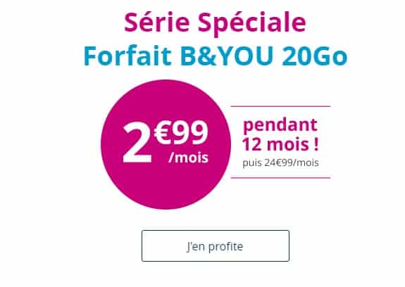 2,99€/mois le Forfait 20Go B&YOU 