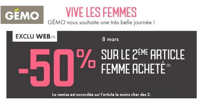 Journée de la femme Gémo : -50% sur le second article femme