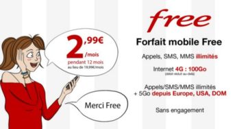 Vente forfait mobile Free à 2,99€/mois : 100Go internet + Appels illimités 100 destinations + SMS&MMS illimités