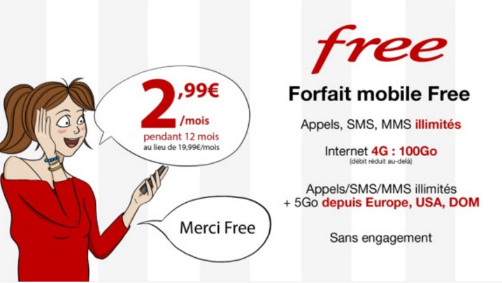 Vente forfait mobile Free à 2,99€/mois 100GO