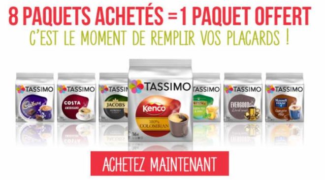 8 paquets Tassimo achetés 1 paquet offert 
