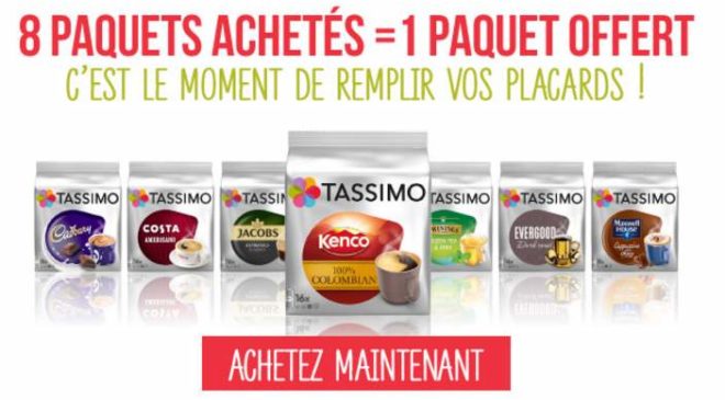 8 paquets Tassimo achetés 1 paquet offert 