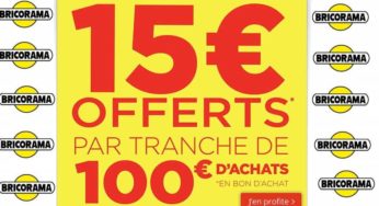 Bricorama offre 15€ par tranche 100€ / 10€ par tranche 50€