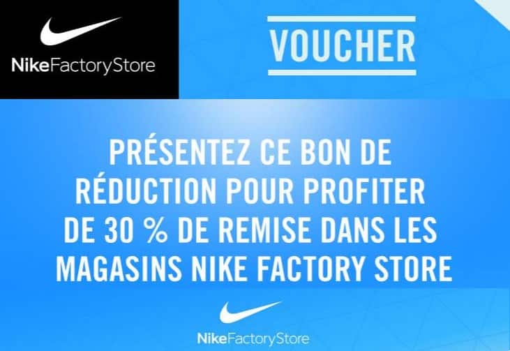Coupon Nike Factory Store : 30% supplémentaire en téléchargeant ce bon