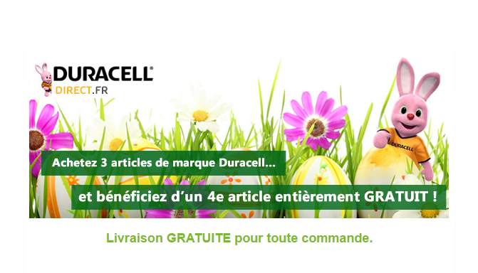 Le 4ème article Duracell gratuit (piles, clé USB, chargeur…) + livraison gratuite Duracell Direct