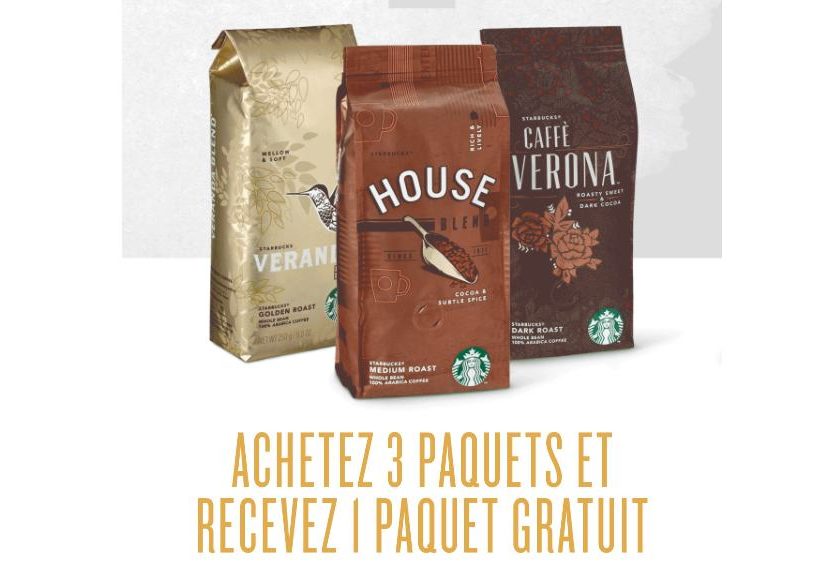 3 paquets de café Starbucks achetés = le 4ème gratuit