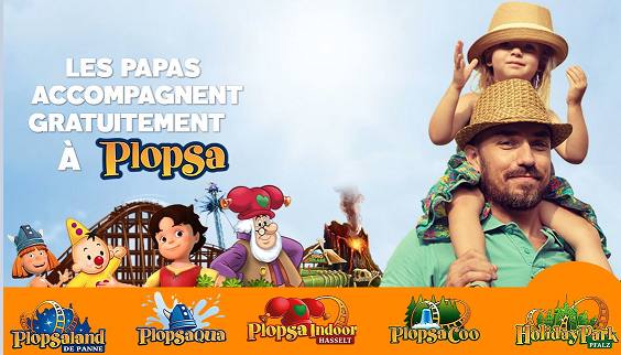 Fête des pères Plopsa : billet d’entrée gratuit pour les papas (parc Plopsaland, Plopsaqua …) pour ticket 1 adulte + 1 enfant achetés