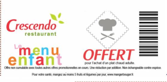 Coupon Cafétéria Crescendo : 1 plat adulte acheté = 1 menu enfant gratuit 