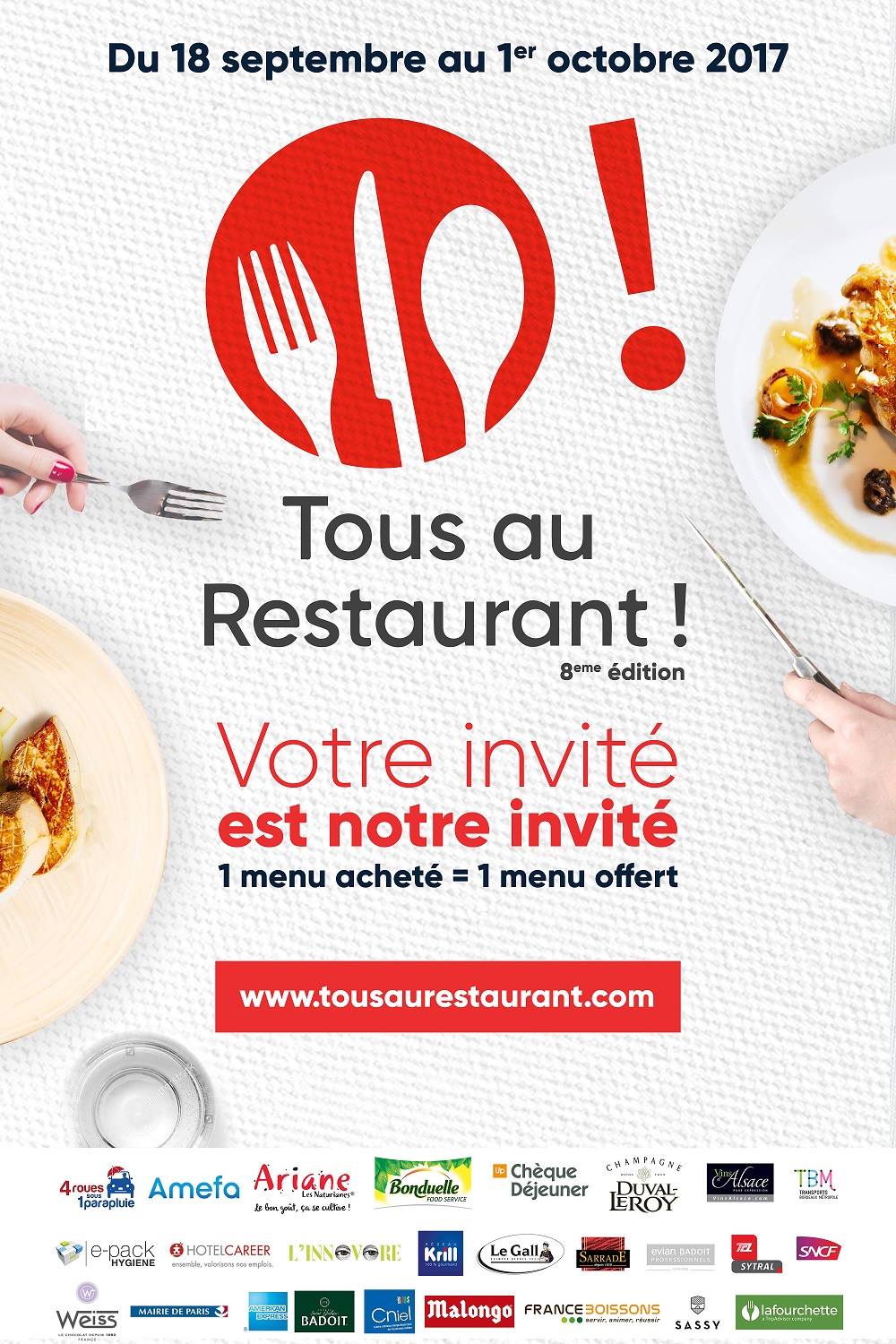 Tous au restaurant 2017 : 1 menu acheté = 1 menu offert (ouverture des réservations)