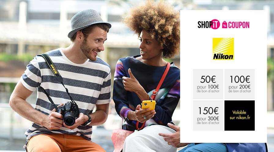 Bon d’achat Nikon moitié prix : 50€ les 100€ ou 100€ les 200€ (Nikon Store online) même promo