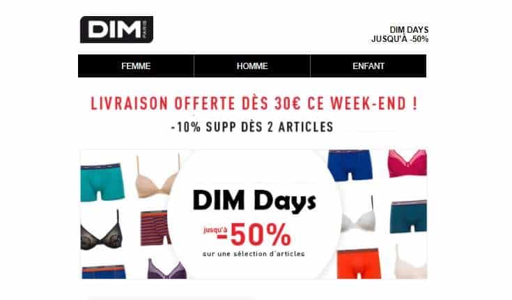 Remise sur les Dim Days de 10% dès 2 articles + livraison gratuite dès 30€